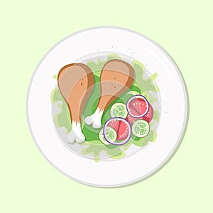 Chicken drums with salad healthy diet meal on plate. Vector illustration. Simple flat stock nutrition image. Duck legs on table
