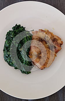 Chicken Drumstick And Spinach Served on White Plate