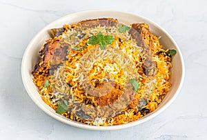 Chicken Dum Biryani in a White Bowl - Traditional Indian One Pot Dish