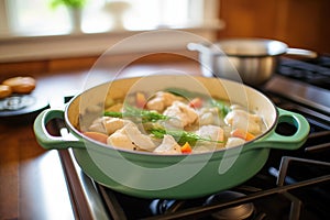 chicken and dumplings in a pot on a stovetop