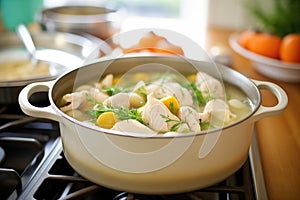 chicken and dumplings in a pot on a stovetop