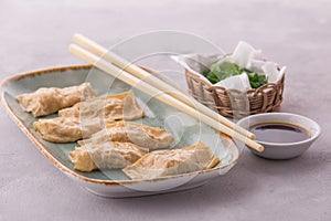 Chicken dumplings tofu skin served on plate with soy sauce