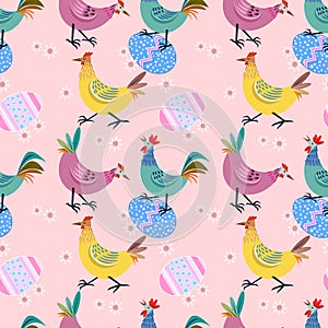 Chicken with easter egg seamless pattern.