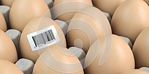 Chicken egg with barcode sticker. Quality control concept