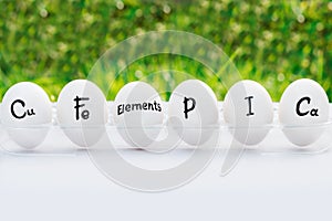 Chicken egg whole in a row with inscription of elements