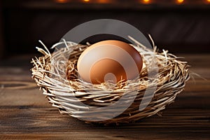 Chicken egg in a wicker nest basket on a wooden table.