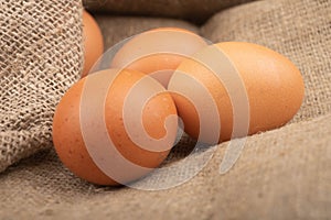 Chicken eggs on a background of rough homespun fabric. Homemade preparations, rustic treats. Close up