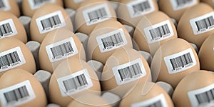 Chicken eggs with barcode stickers. Quality control concept