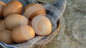 Chicken eggs in a basket on a gray background