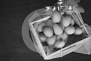 Chicken eggs basket on wooden background white and black