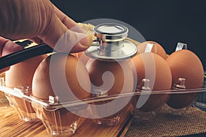 Chicken eggs that are being examined by a medical stethoscope