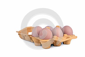 Chicken eggs in box on white background