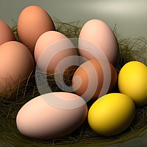 Chicken eggs on brown boards. Still life of red and white eggs for Easter