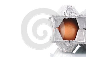 Chicken eggs in a cardboard box on a white  background. Brown organic chicken eggs on a white specular surface