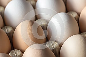 Chicken eggs in a cardboard container close-up. A damaged egg in a container