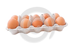 Chicken eggs in carton box isolated on white background