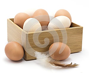 Chicken eggs, feather, wooden box.