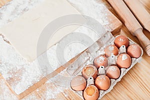 Chicken eggs flour baking pastry dough ingredients