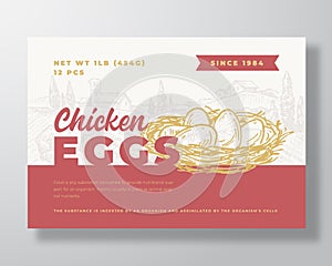 Chicken Eggs Food Label Template. Abstract Vector Packaging Design Layout. Modern Typography Banner with Hand Drawn Nest