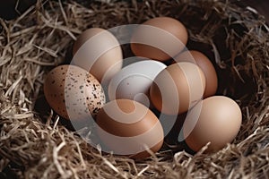 Chicken eggs in hay from organic farm. Generate Ai photo