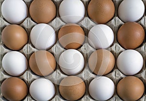 Chicken eggs, laid in a staggered manner in the container