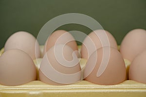 Chicken eggs lie in a yellow plastic tray. photo