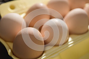 Chicken eggs lie in a yellow plastic tray. photo