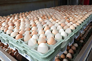 Chicken eggs move along a conveyor in a poultry farm. Food industry concept, chicken egg production