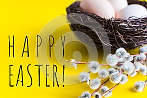 Chicken eggs in a nest with a twig of willow. happy Easter concept