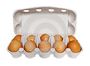 Chicken eggs in open carton box isolated. Hen healthy eating. png transparent