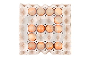 Chicken Eggs In paper container tray box arranged look like Number is ` 2 `.