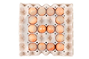 Chicken Eggs In paper container tray box arranged look like Number is ` 8 `.