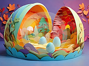Chicken eggs paper Kirigami Easter child landscape