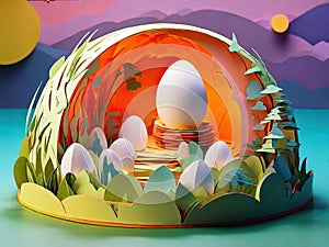 Chicken eggs paper Kirigami Easter child landscape