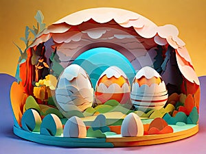 Chicken eggs paper Kirigami Easter child landscape