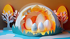 Chicken eggs paper Kirigami Easter child landscape