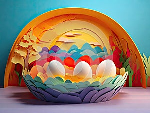 Chicken eggs paper Kirigami Easter child landscape