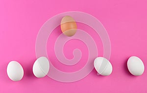 Chicken eggs on a pink pastel background, concept of uniqueness, minimalism, creative easter background.