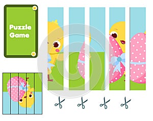Chicken with eggs. Puzzle for toddlers. Cut pieces and complete the picture. Easter theme Game for children