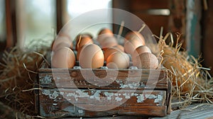 Chicken eggs in a rustic wooden crate on straw bedding. Generated AI