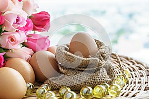 Chicken eggs in sackcloth and rose