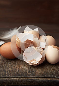 Chicken eggs shells on a cutting board