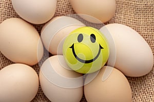 On the chicken eggs there is a ball with a smiley face, a textured fabric background.