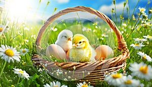 Chicken Eggs and Two Chicks in a Wicker Basket - Generative Ai