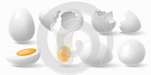 Chicken eggs. White easter egg, cracked eggshell and boiled egg 3d realistic vector illustration set
