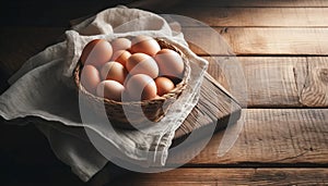 chicken eggs in a wicker bowl and a natural canvas napkin on a brutal wooden table