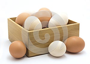 Chicken eggs in wooden box.