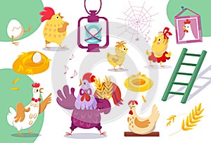 Chicken family. Cute rooster and hen in chicken coop. Vector color illustrations on white background. Icons for design