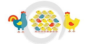 Chicken family. Rooster, hen and bunch of cute newly hatched chicks. Flat vector illustration isolated on white.