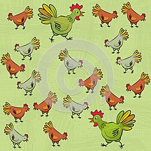 Chicken farm on light messy green